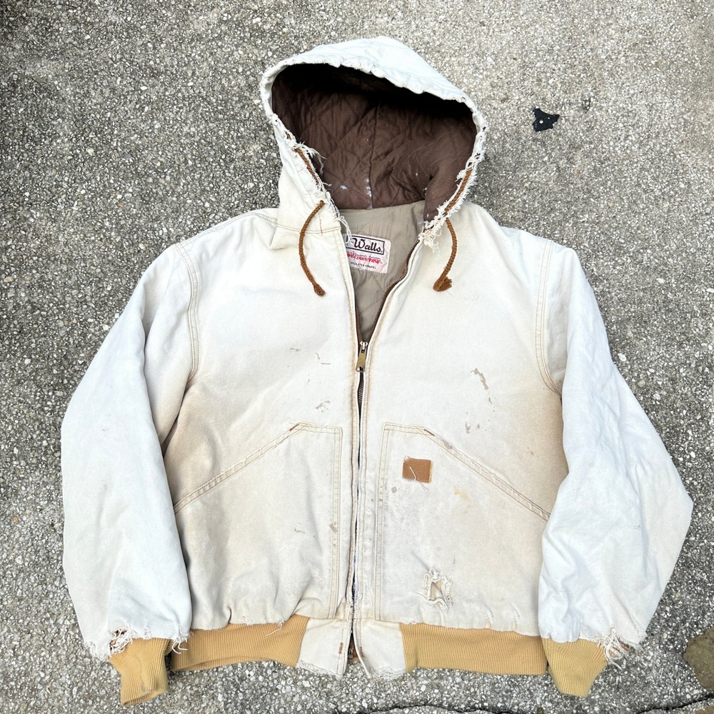 Vintage 90s Walls Blizzard-Pruf Distressed Hooded Work Jacket Canvas Cream Large